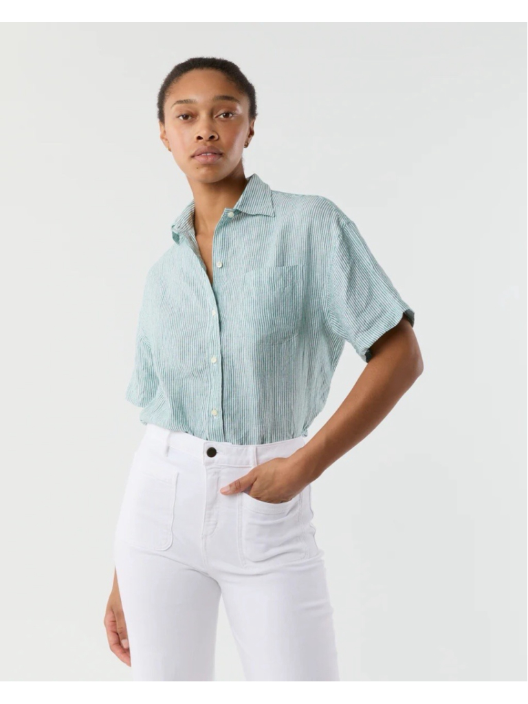 Ann Mashburn Lg Agnes Shirt Green White Small Bengal Stripe Linen Button Down